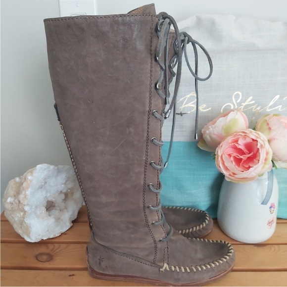 Rare Frye tall boots size 7 tan Alex lace taupe leather Moccasins lace up - Picture 4 of 16